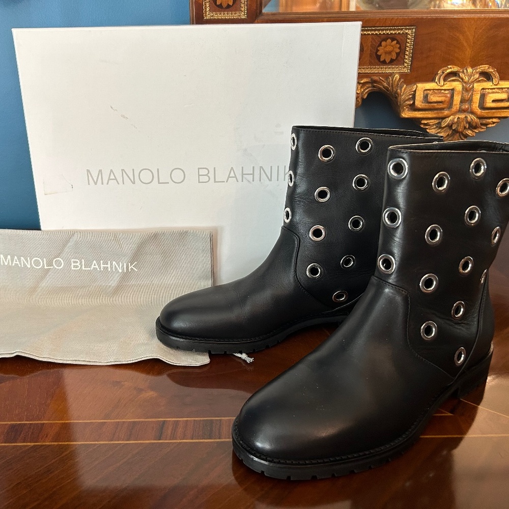NIB Manolo Blahnik Silver Grommet Leather Calf Boot